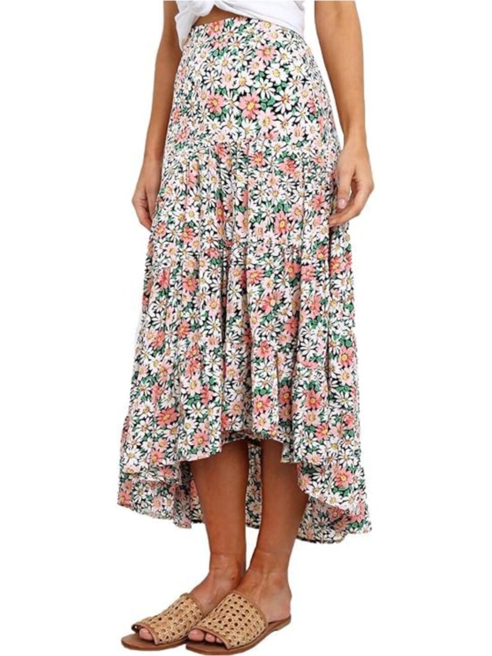 Women's High Waist Floral High Low Midi Skirt 100% Viscose Flowy Boho Casual